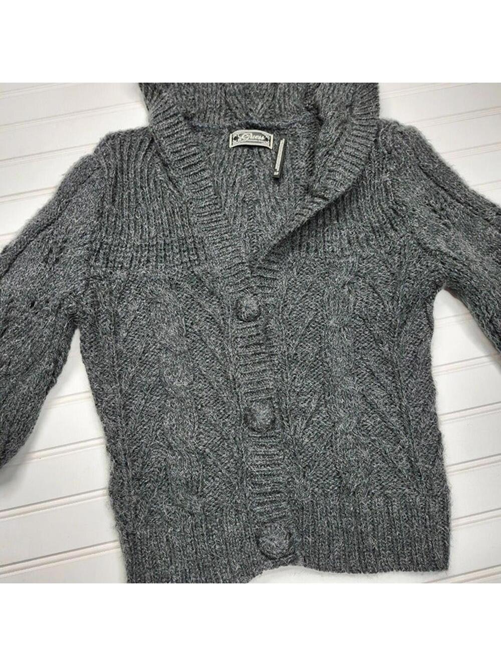 Guess Cable Knit Hooded Cardigan S/P Gray Button Front Sweater